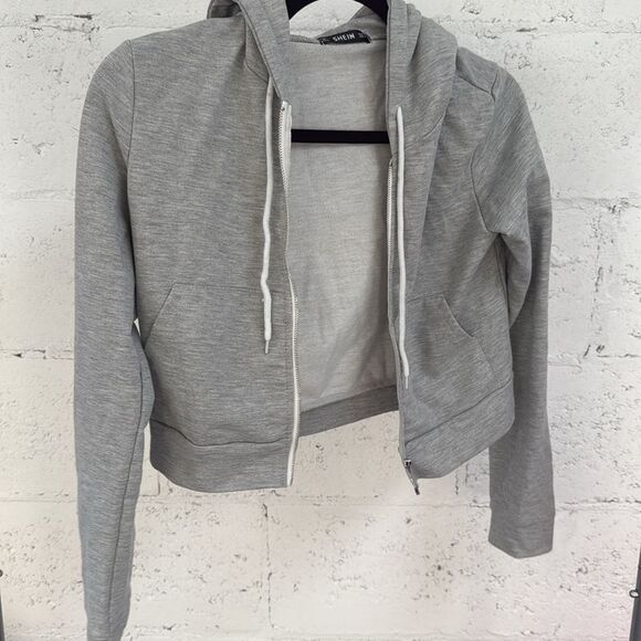Drawstring Light Gray Cropped Zip Hoodie Jacket NEVER WORN - NWOT - Size Small - Picture 1 of 5